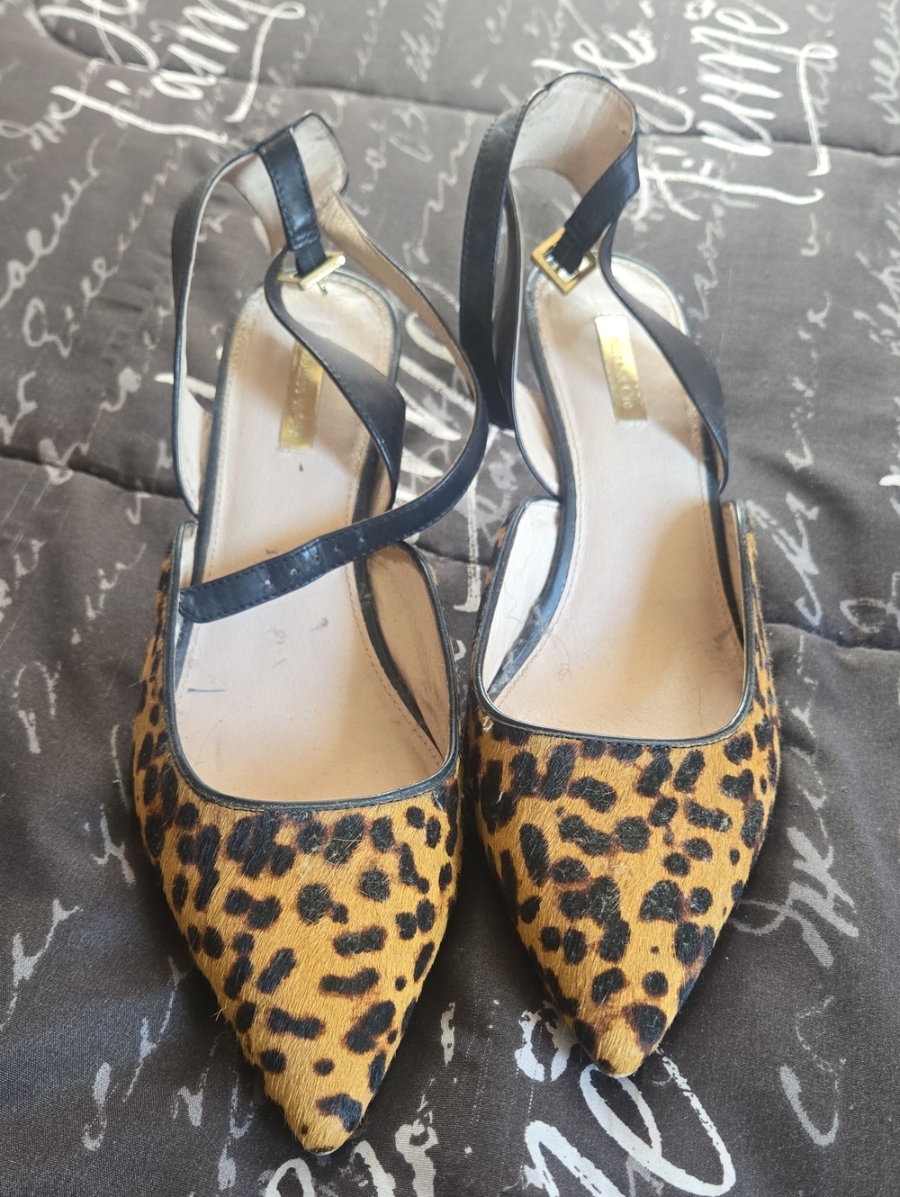 Leopard Print Pointed Toe Slingback Pumps - Black Straps